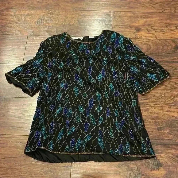 Vintage Scala  Beaded 💯 % Silk Top - Picture 1 of 3